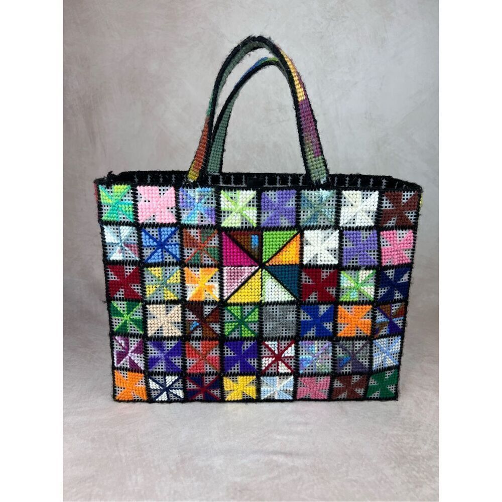 Vintage 1970s 1960s Needlepoint Quilted Purse Geometric